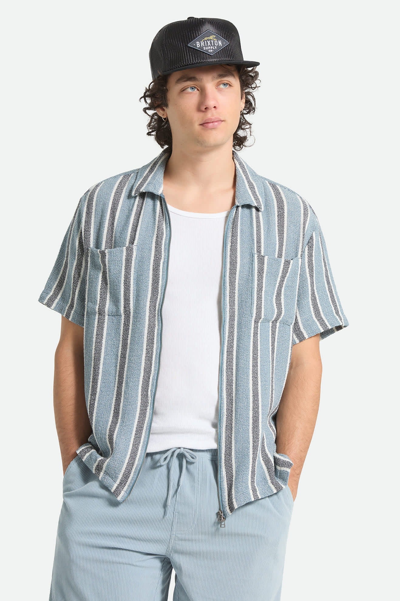The Dexter Textured Stripe Short Sleeve Shirt - Black/Dusty Blue