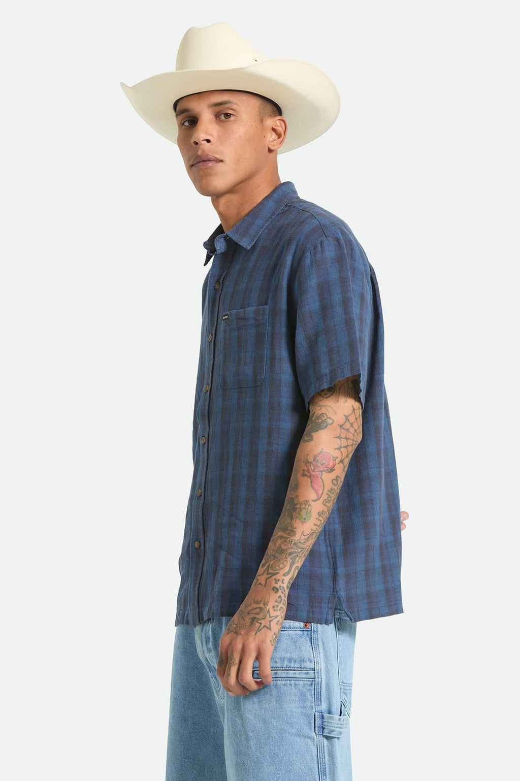 Cru Linen Blend Plaid Short Sleeve Shirt - Dark Blue/Black Plaid