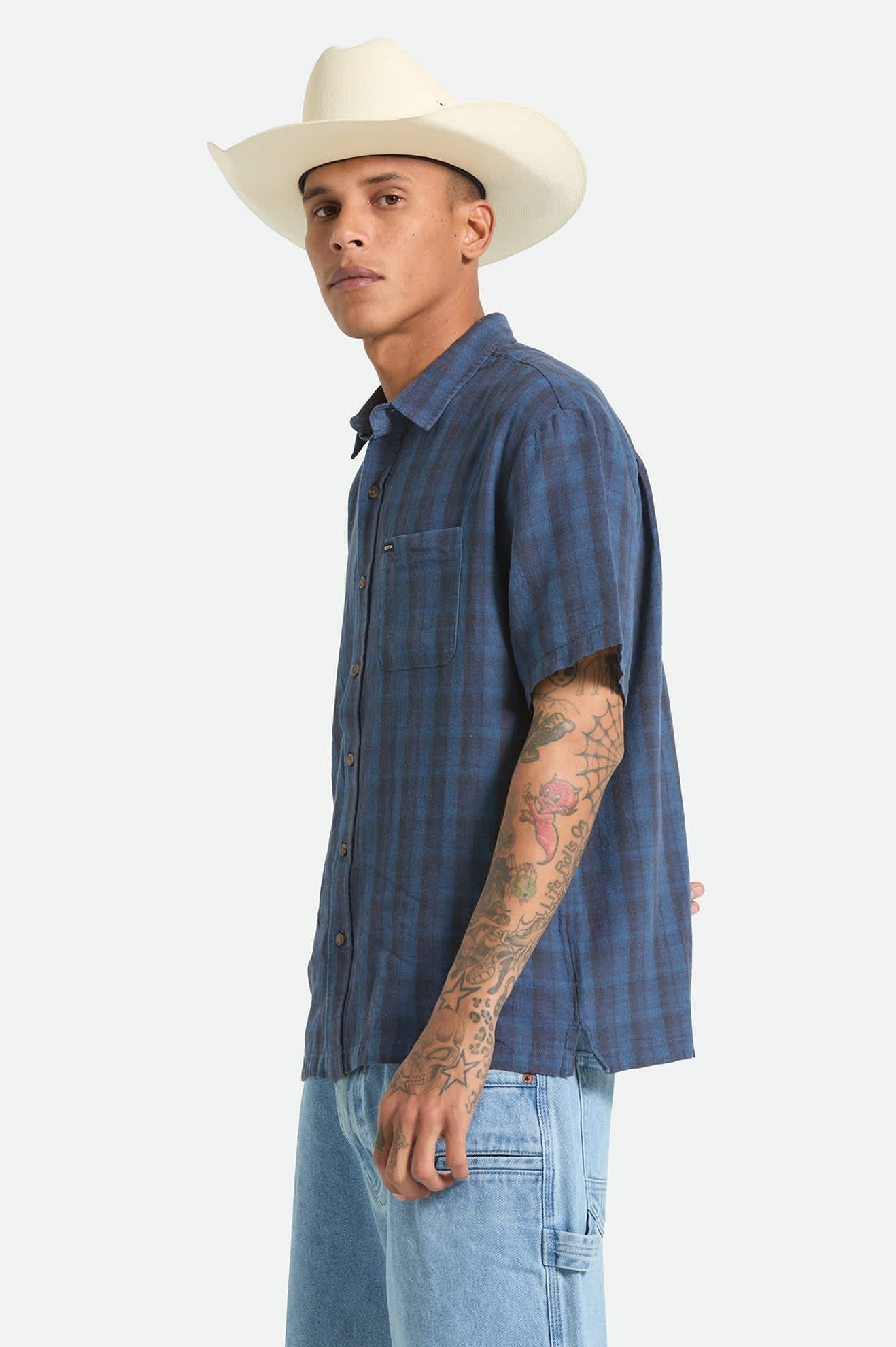 Cru Linen Blend Plaid Short Sleeve Shirt - Dark Blue/Black Plaid