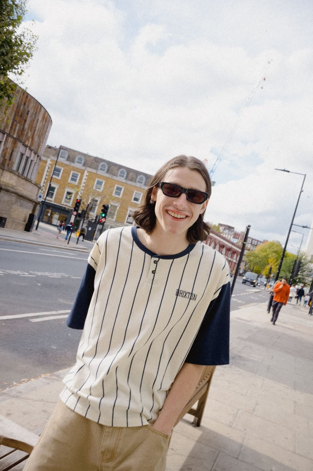 Boxy Baseball T-Shirt - Off White Stripe/Washed Navy