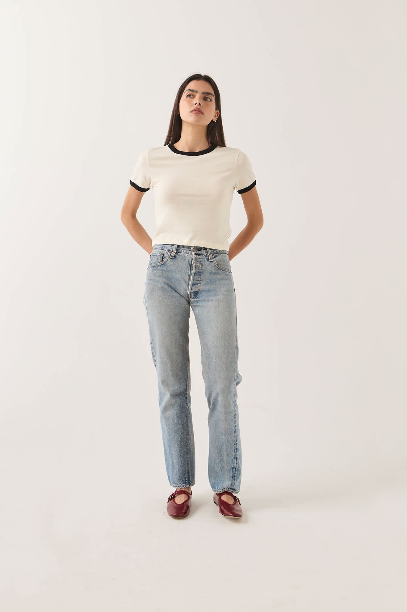 Carefree Organic Garment Dye Ringer T-Shirt - Off White/Black
