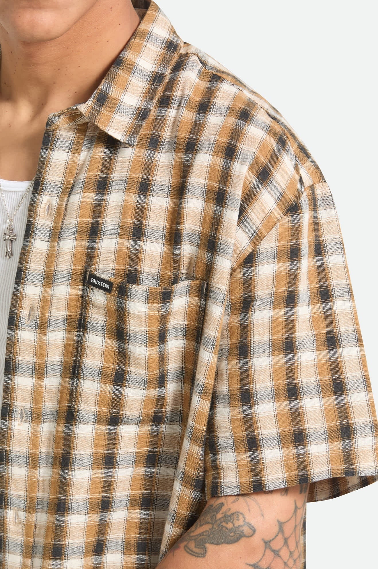 Cru Linen Blend Plaid Short Sleeve Shirt - Black/Tobacco Plaid