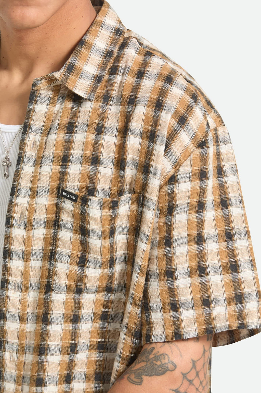 Cru Linen Blend Plaid Short Sleeve Shirt - Black/Tobacco Plaid