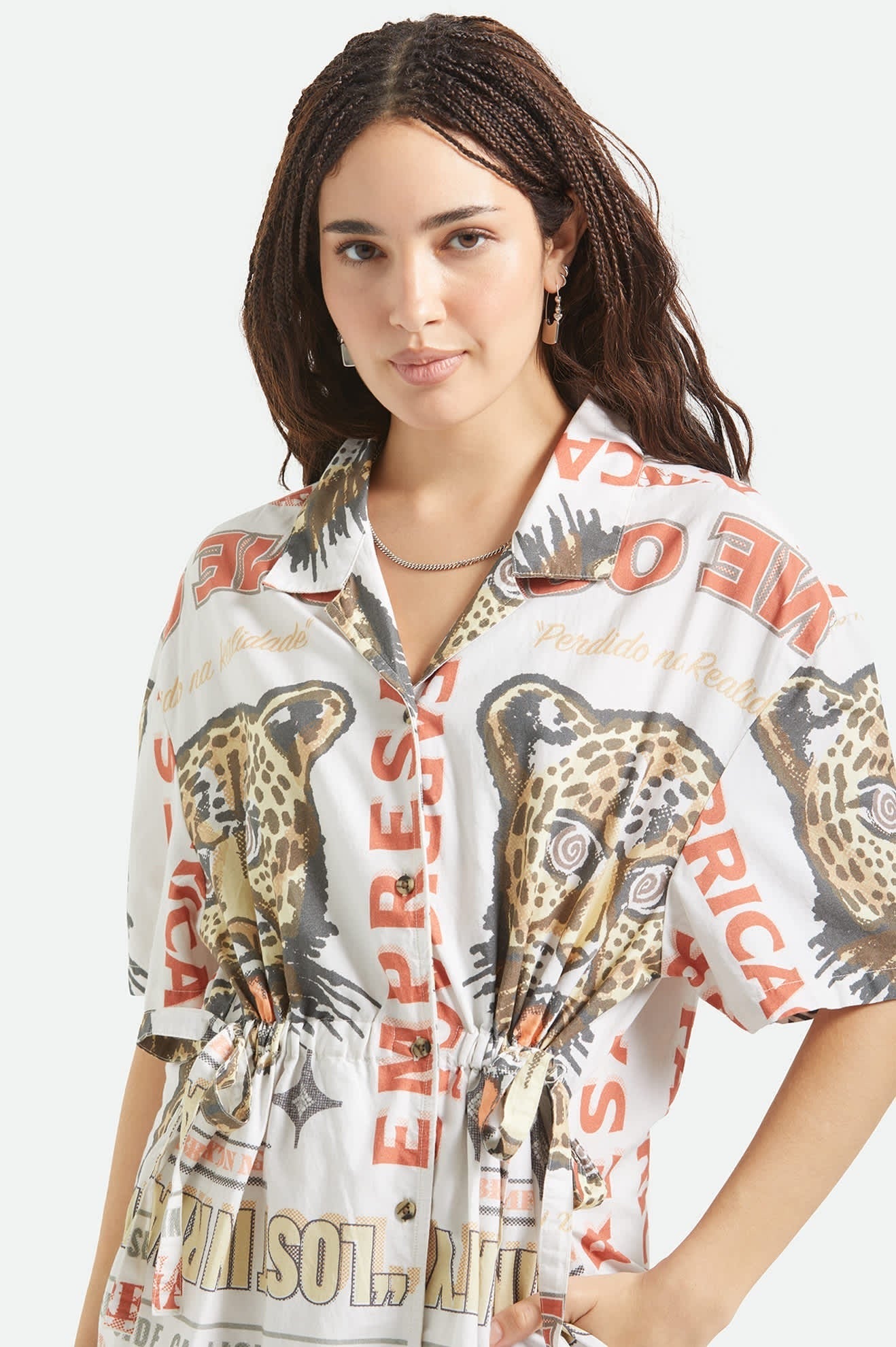 The Cinch Button Down Short Sleeve Dress - Lost In Reality Print