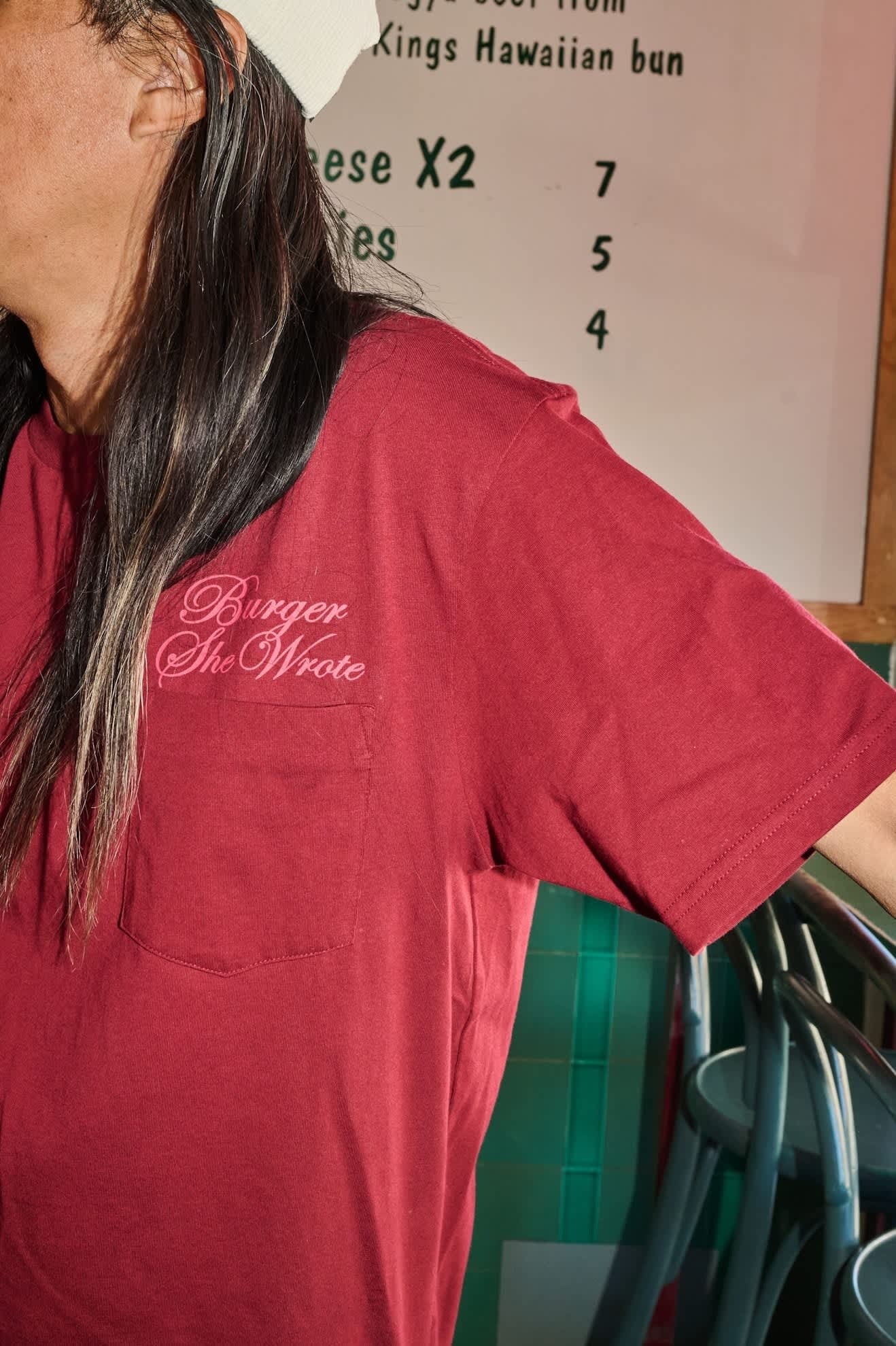 Burger She Wrote Pocket T-Shirt - Burgundy