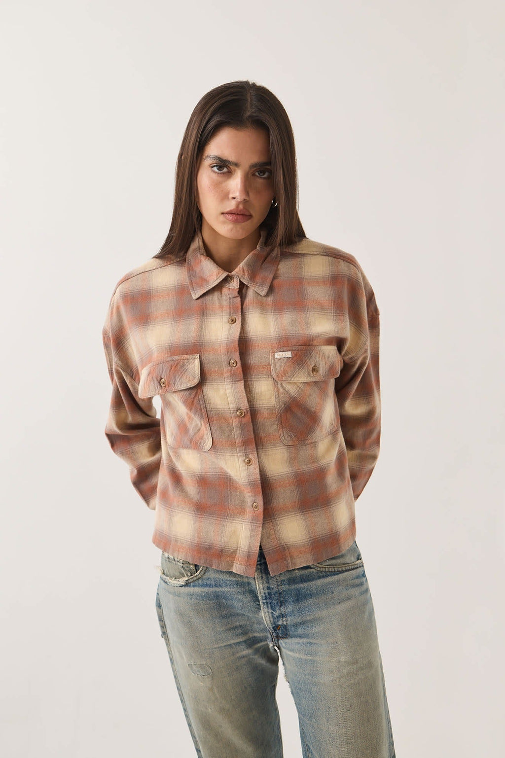 Bowery Crop Women's Overshirt - Soft Tan Window Plaid