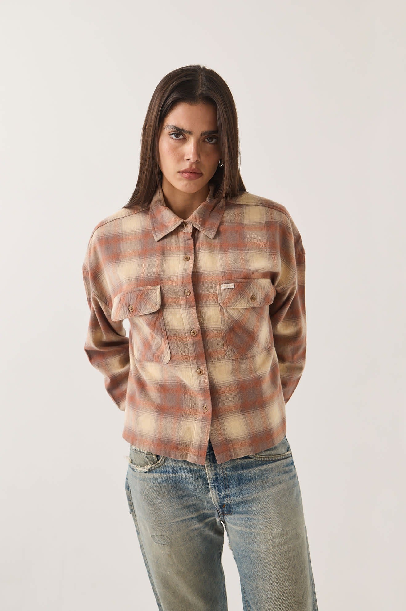 Bowery Crop Women's Overshirt - Soft Tan Window Plaid