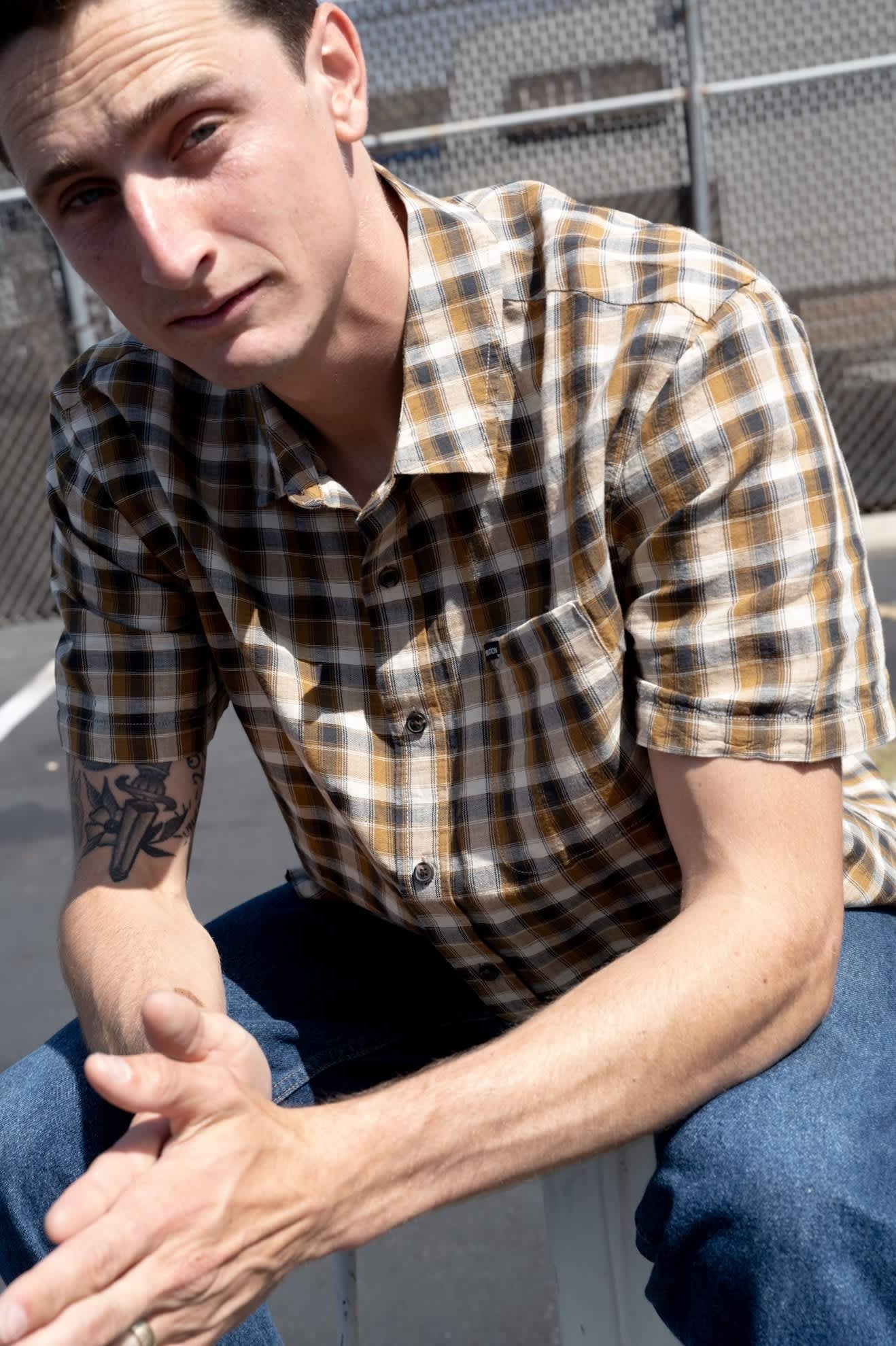 Cru Linen Blend Plaid Short Sleeve Shirt - Black/Tobacco Plaid