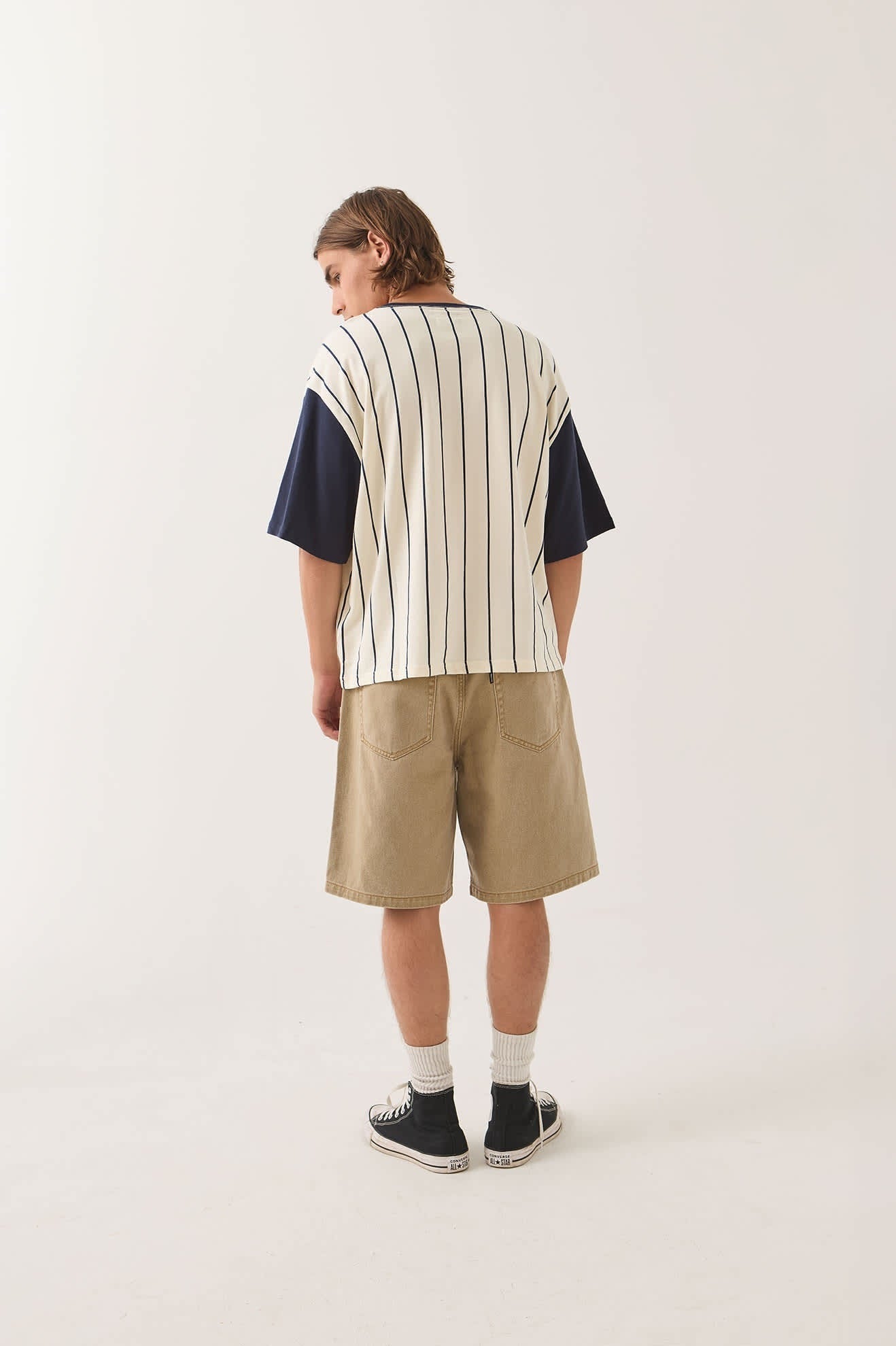 Boxy Baseball T-Shirt - Off White Stripe/Washed Navy