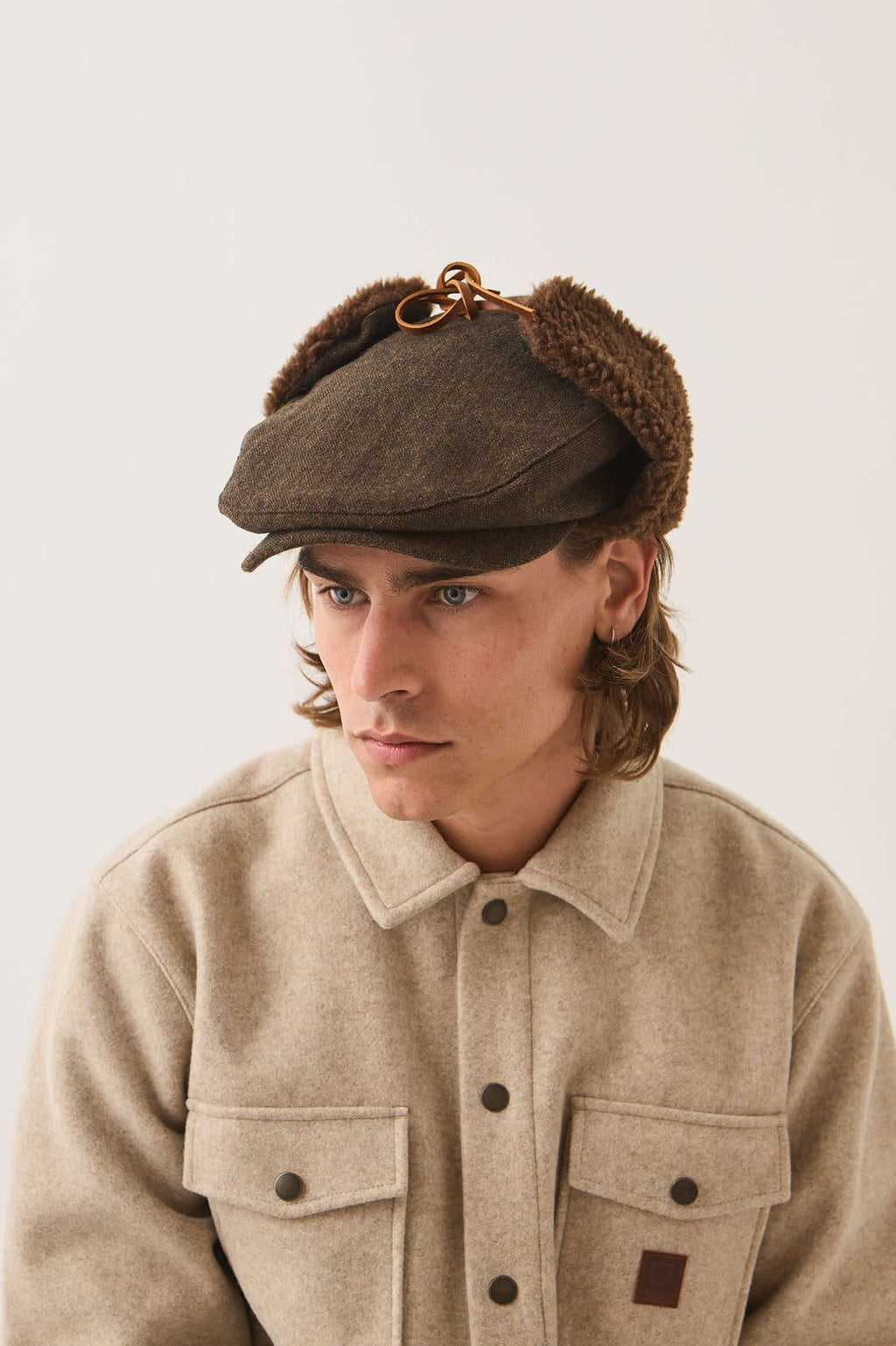 Barrel Earflap Snap Cap - Brown/Brown Tweed