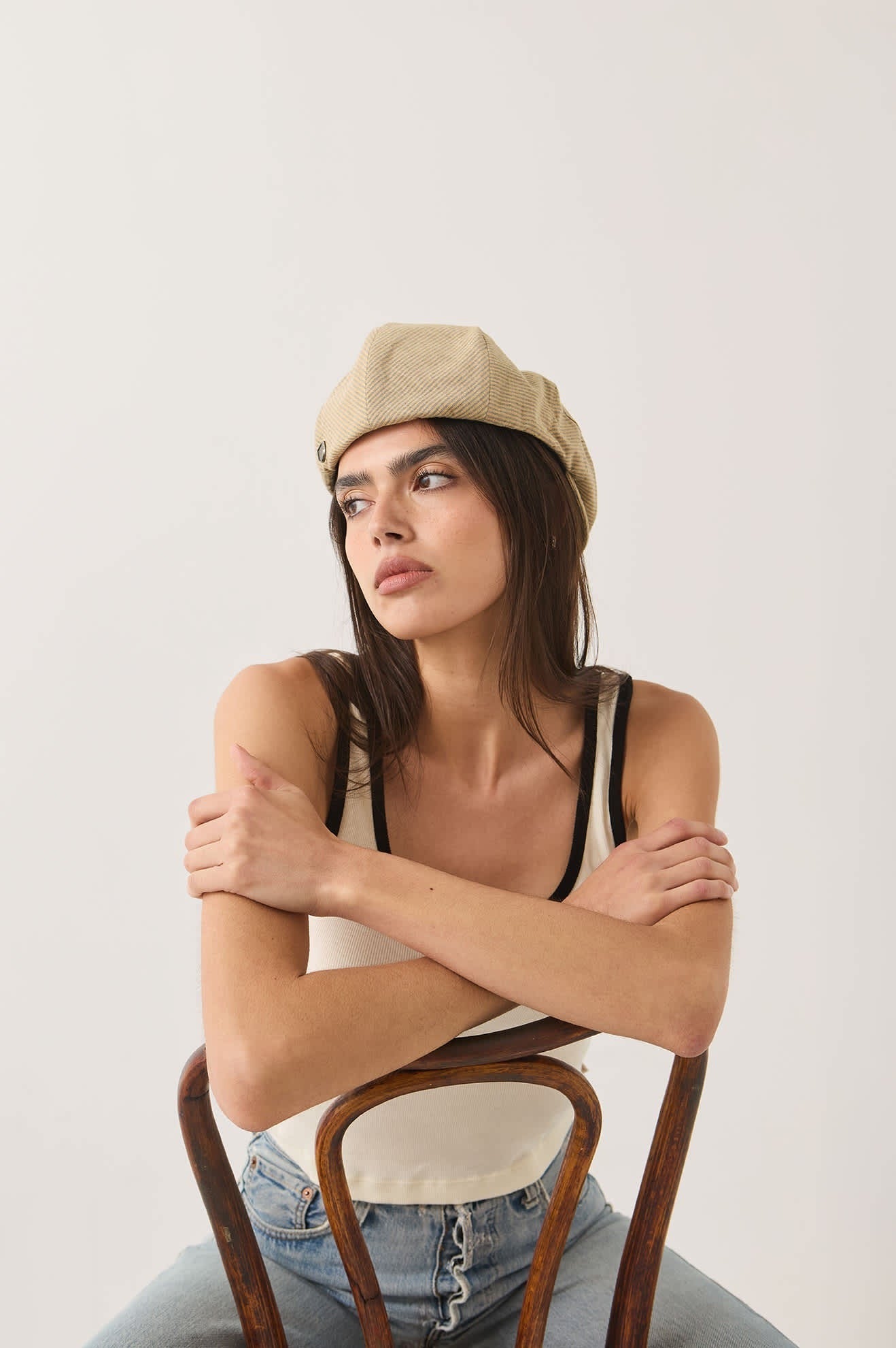 Hooligan Flat Cap - Khaki Stripe/Washed Black