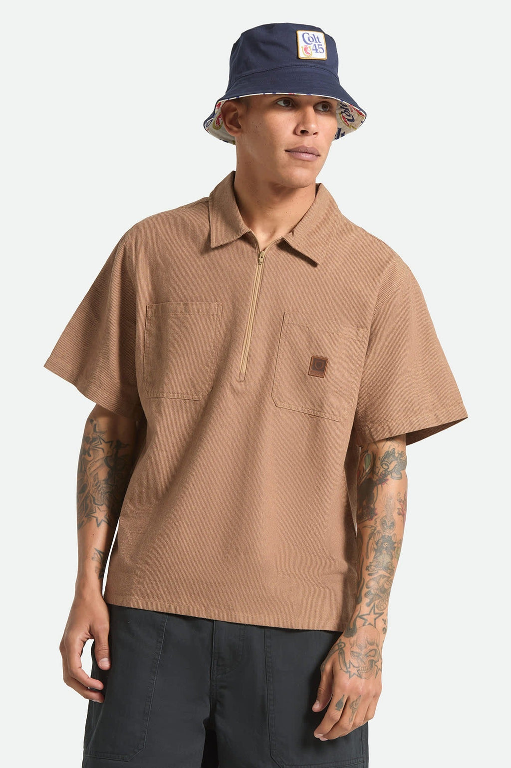 Brakeman Half Zip Short Sleeve Shirt - Brown/Tan Stripe