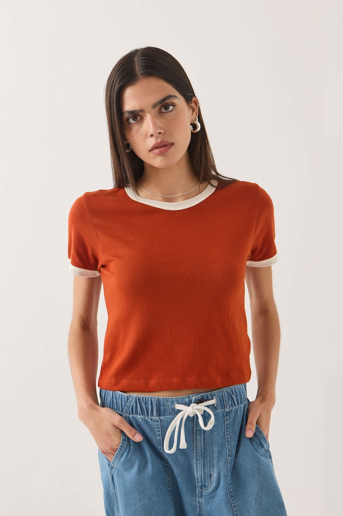 Carefree Organic Garment Dye Ringer T-Shirt - Rust/Off White