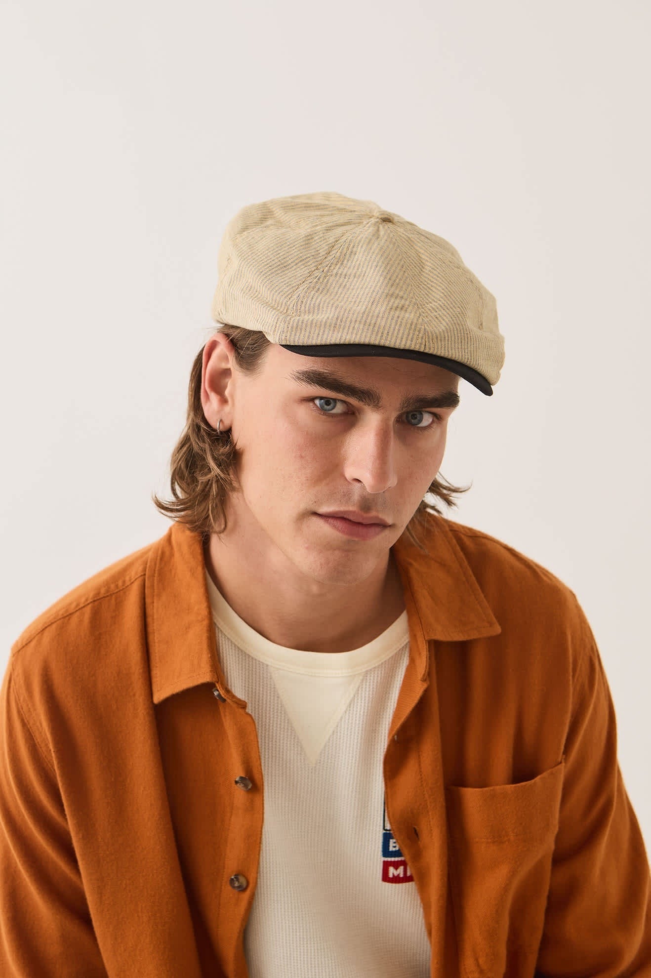 Hooligan Flat Cap - Khaki Stripe/Washed Black
