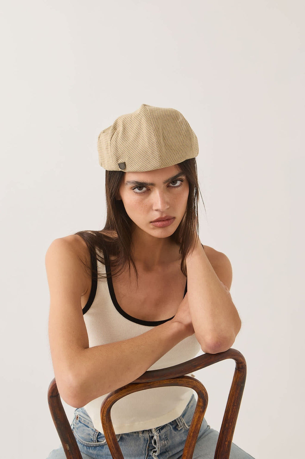 Hooligan Flat Cap - Khaki Stripe/Washed Black