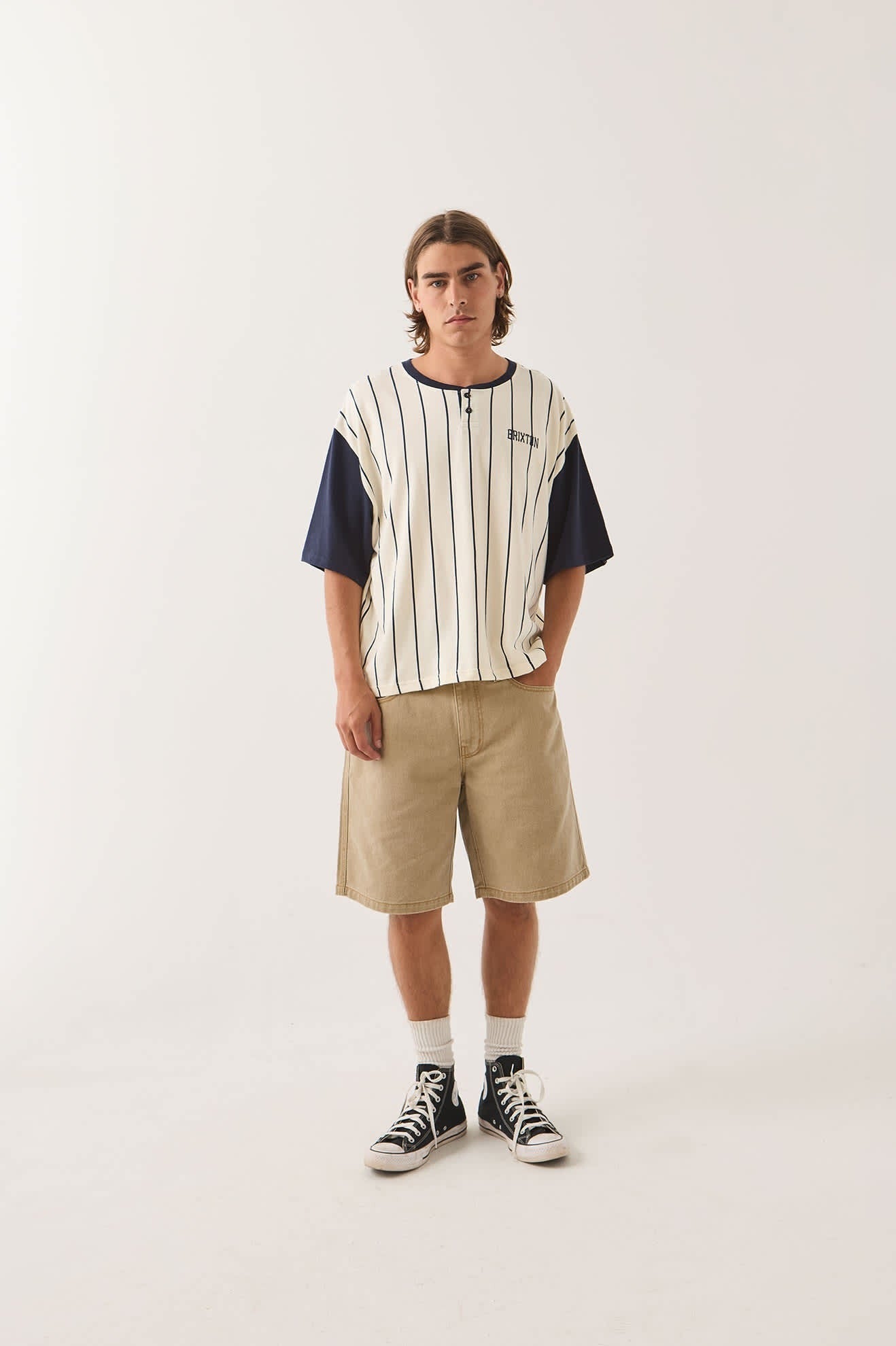 Boxy Baseball T-Shirt - Off White Stripe/Washed Navy
