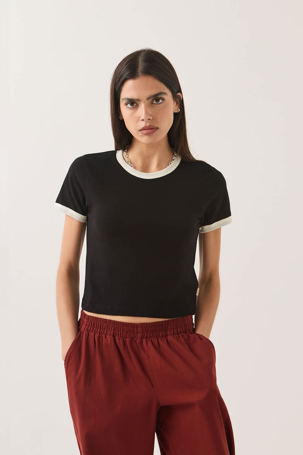Carefree Organic Garment Dye Ringer T-Shirt - Black/Off White