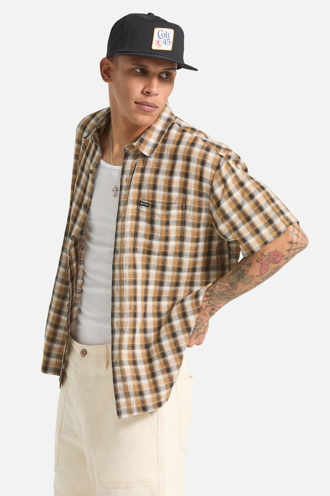 Cru Linen Blend Plaid Short Sleeve Shirt - Black/Tobacco Plaid