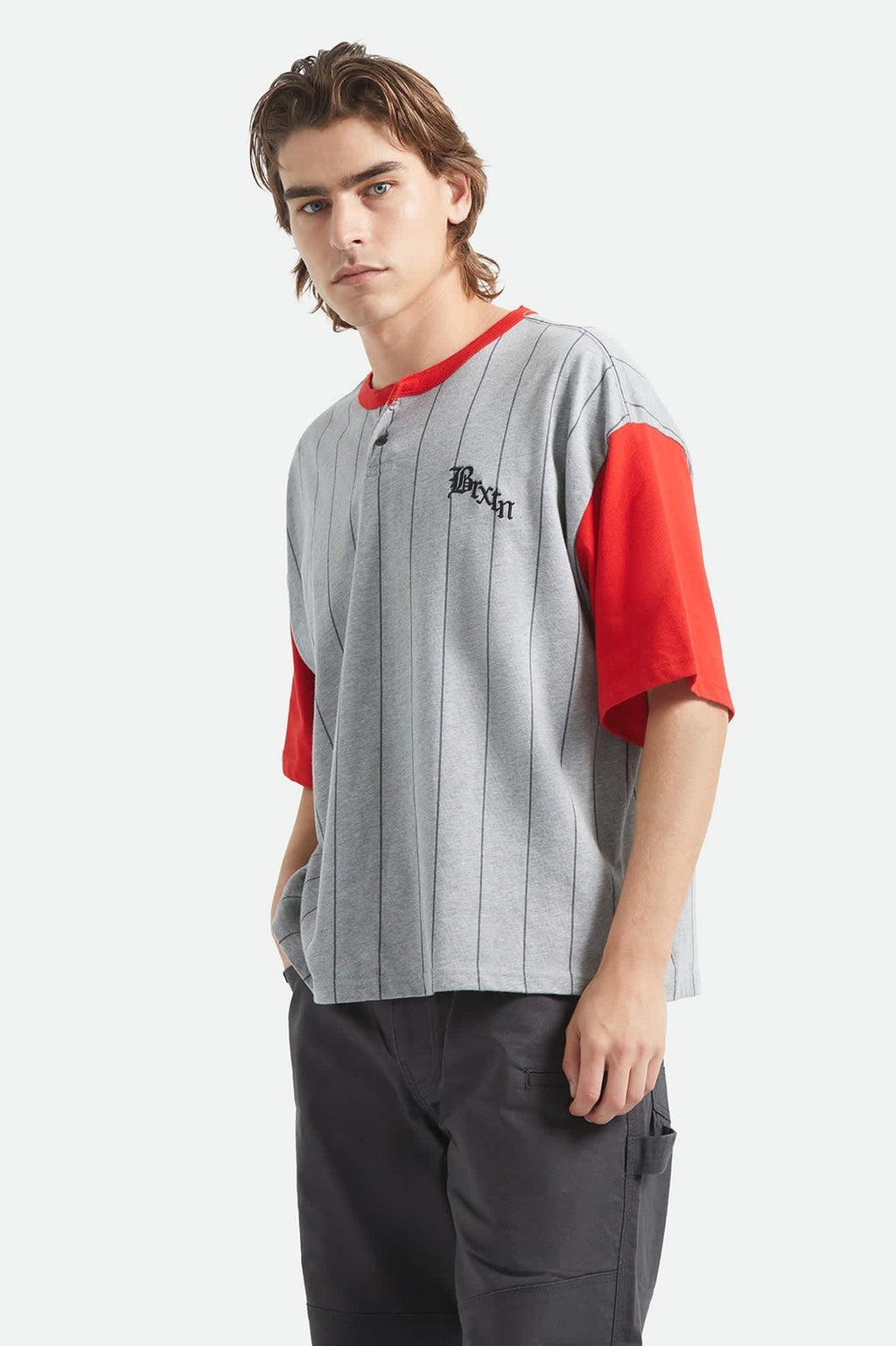 Boxy Short Sleeve Baseball T-Shirt - Heather Grey/Adrenaline Rush