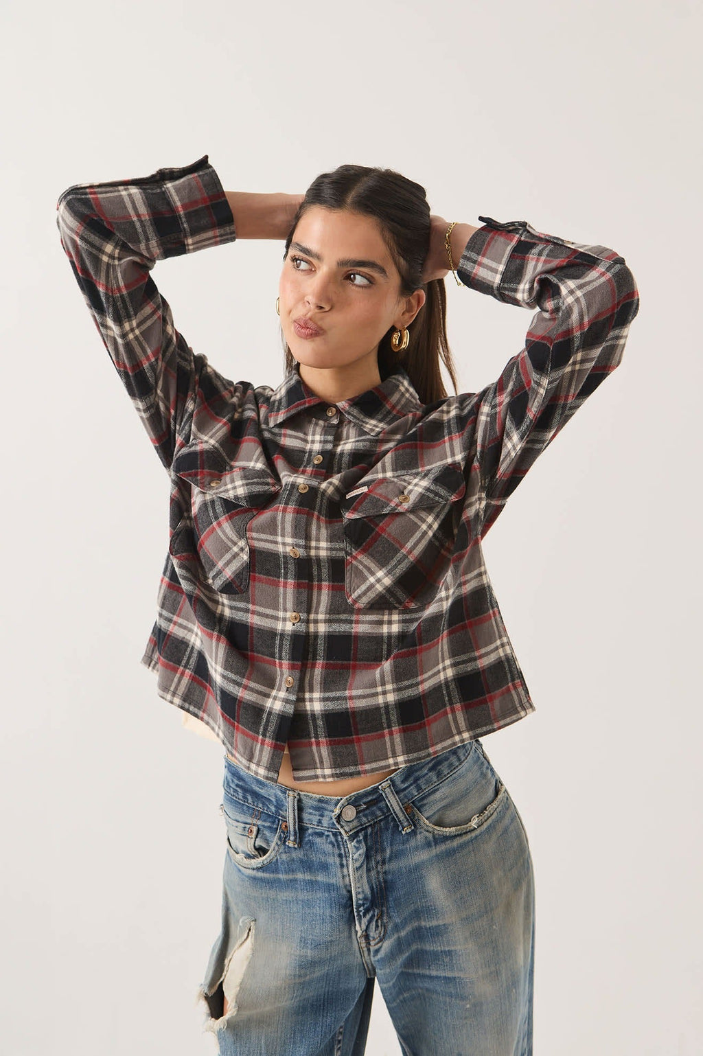 Bowery Crop Women's Overshirt - Washed Black Plaid