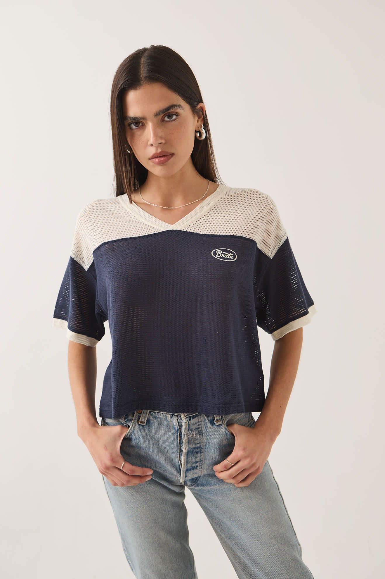 Varsity Mesh T-Shirt - Off White/Washed Navy