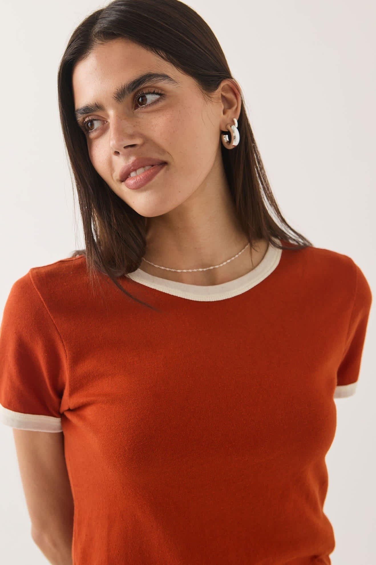 Carefree Organic Garment Dye Ringer T-Shirt - Rust/Off White