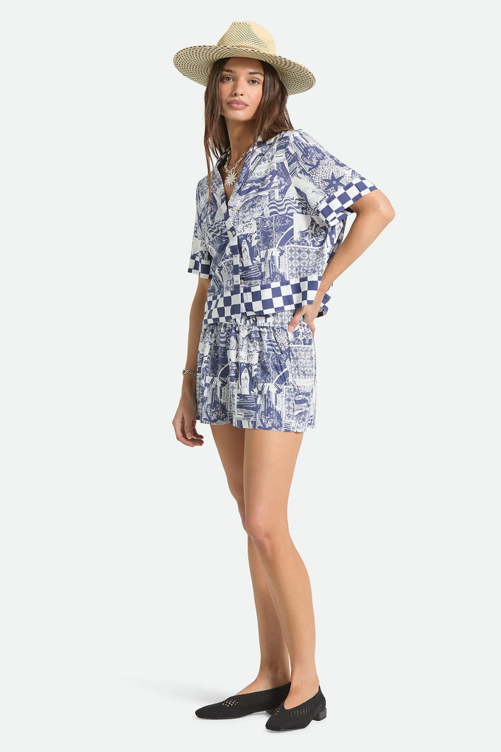 The Omar Button Down Short Sleeve Shirt - Navy/White Collage