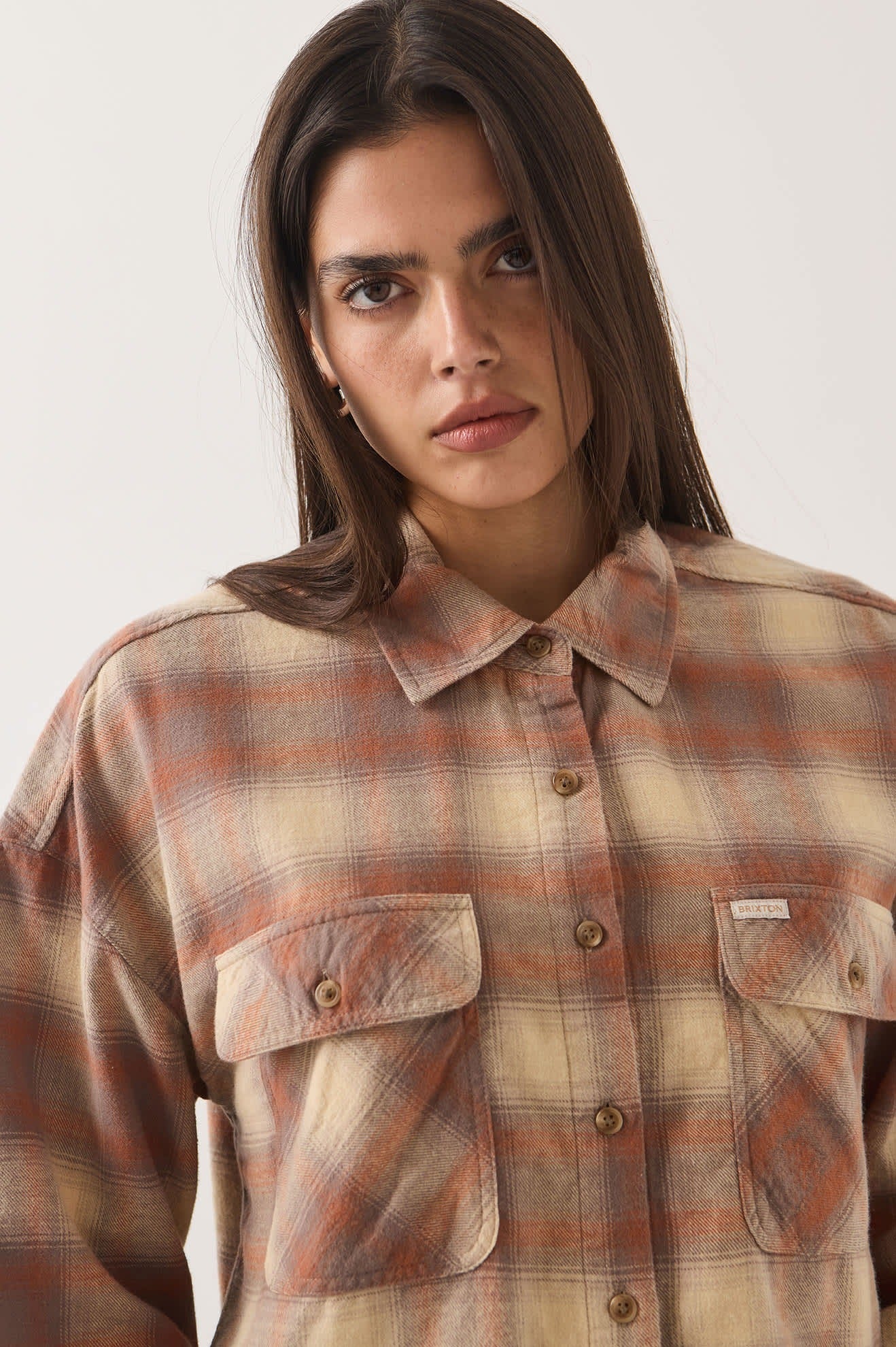 Bowery Crop Women's Overshirt - Soft Tan Window Plaid