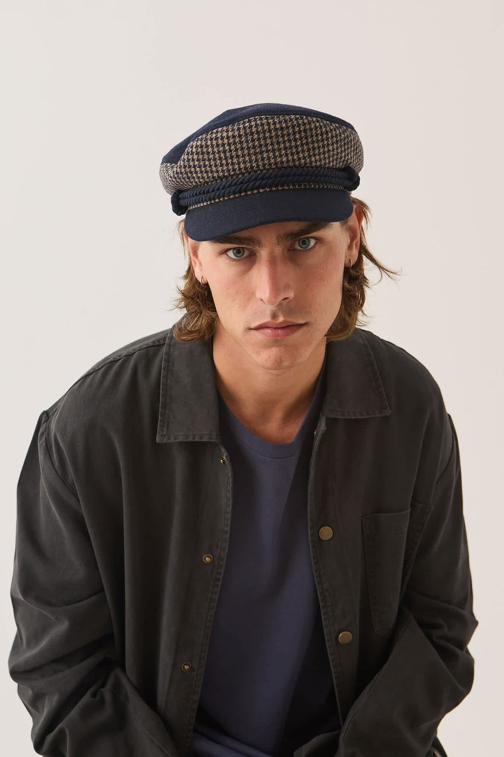 Fiddler Fisherman Cap - Navy/Sand Houndstooth