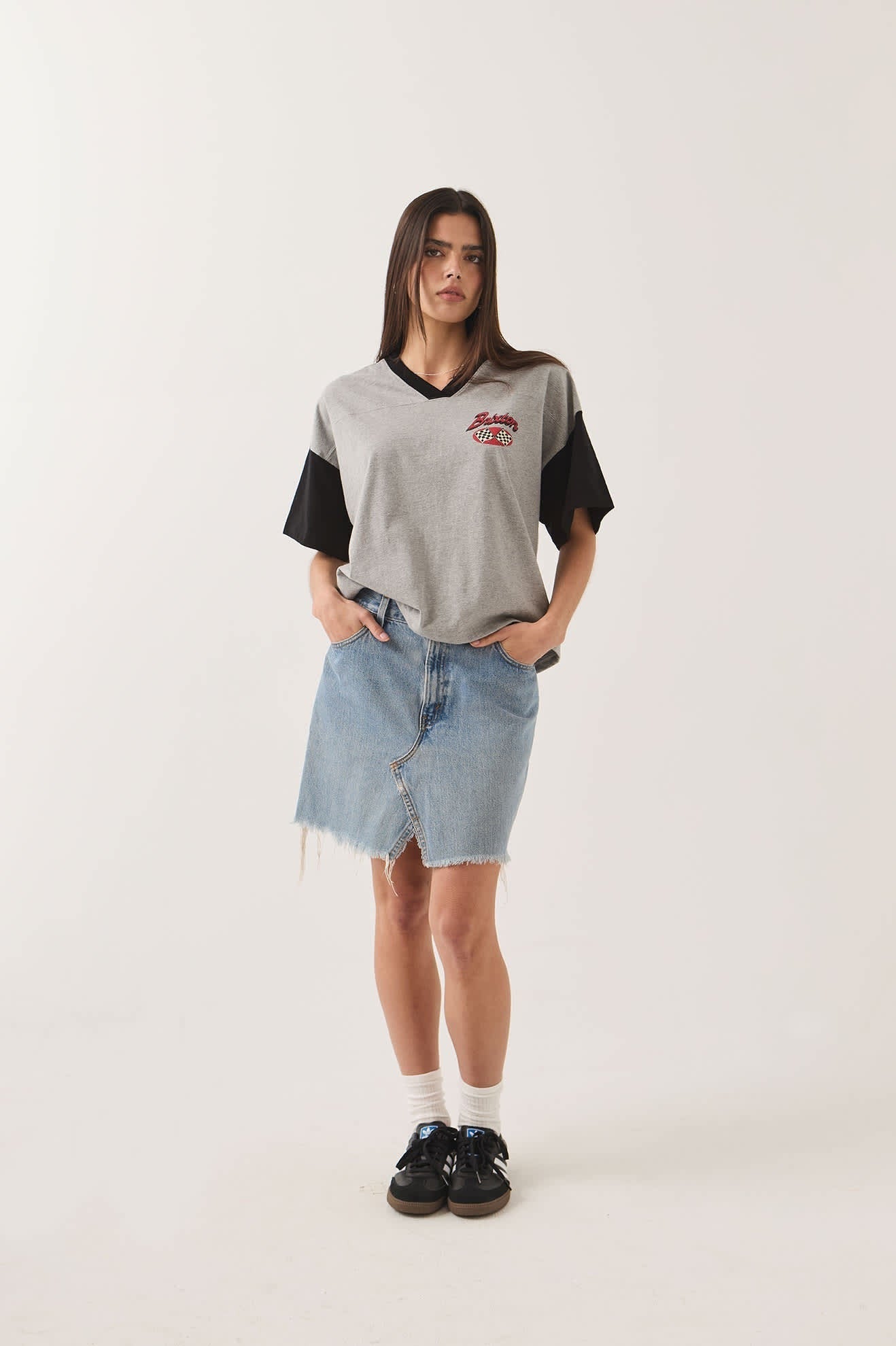 Winners Circle Boxy Football T-Shirt - Heather Grey/Black