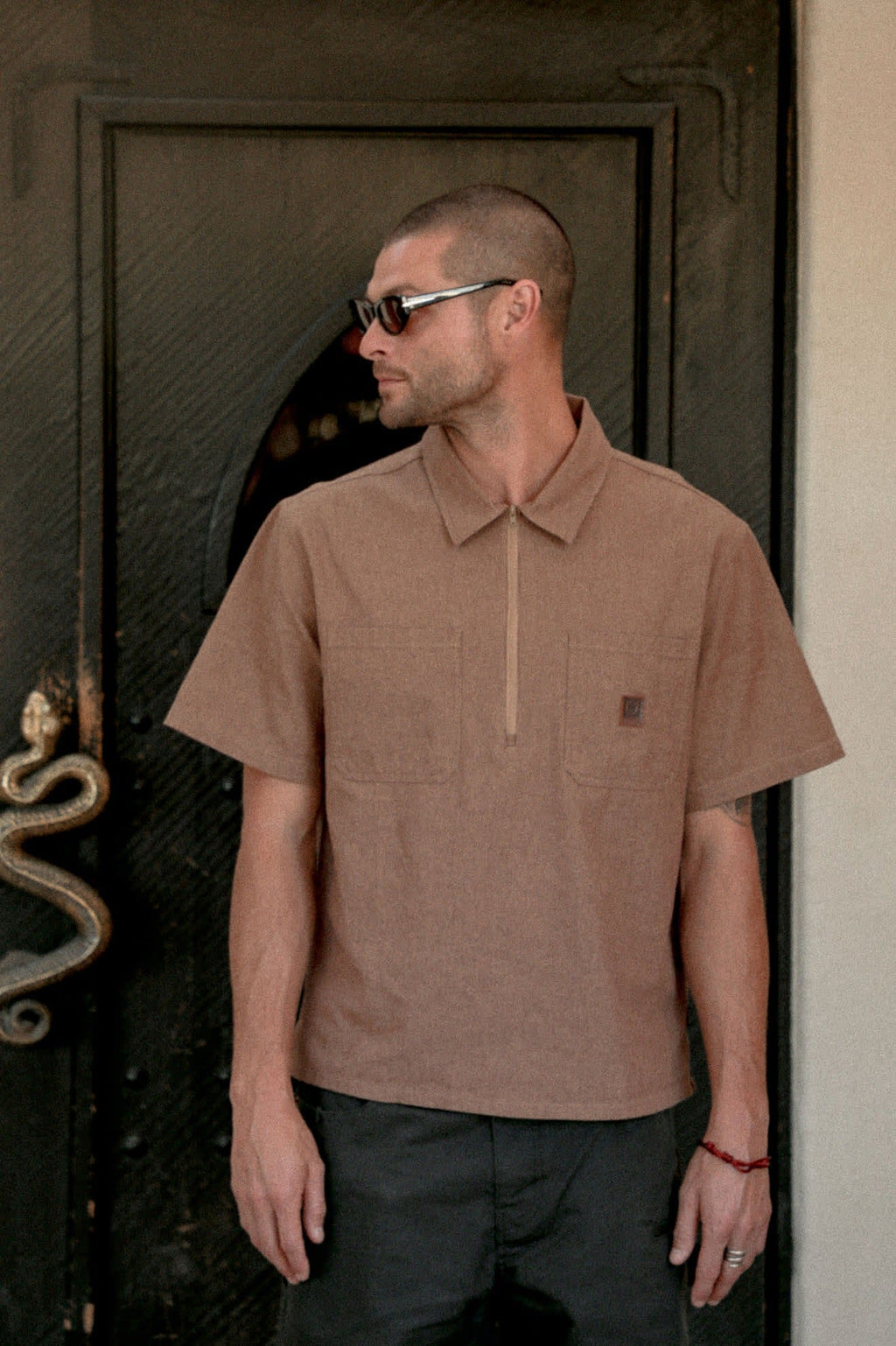 Brakeman Half Zip Short Sleeve Shirt - Brown/Tan Stripe