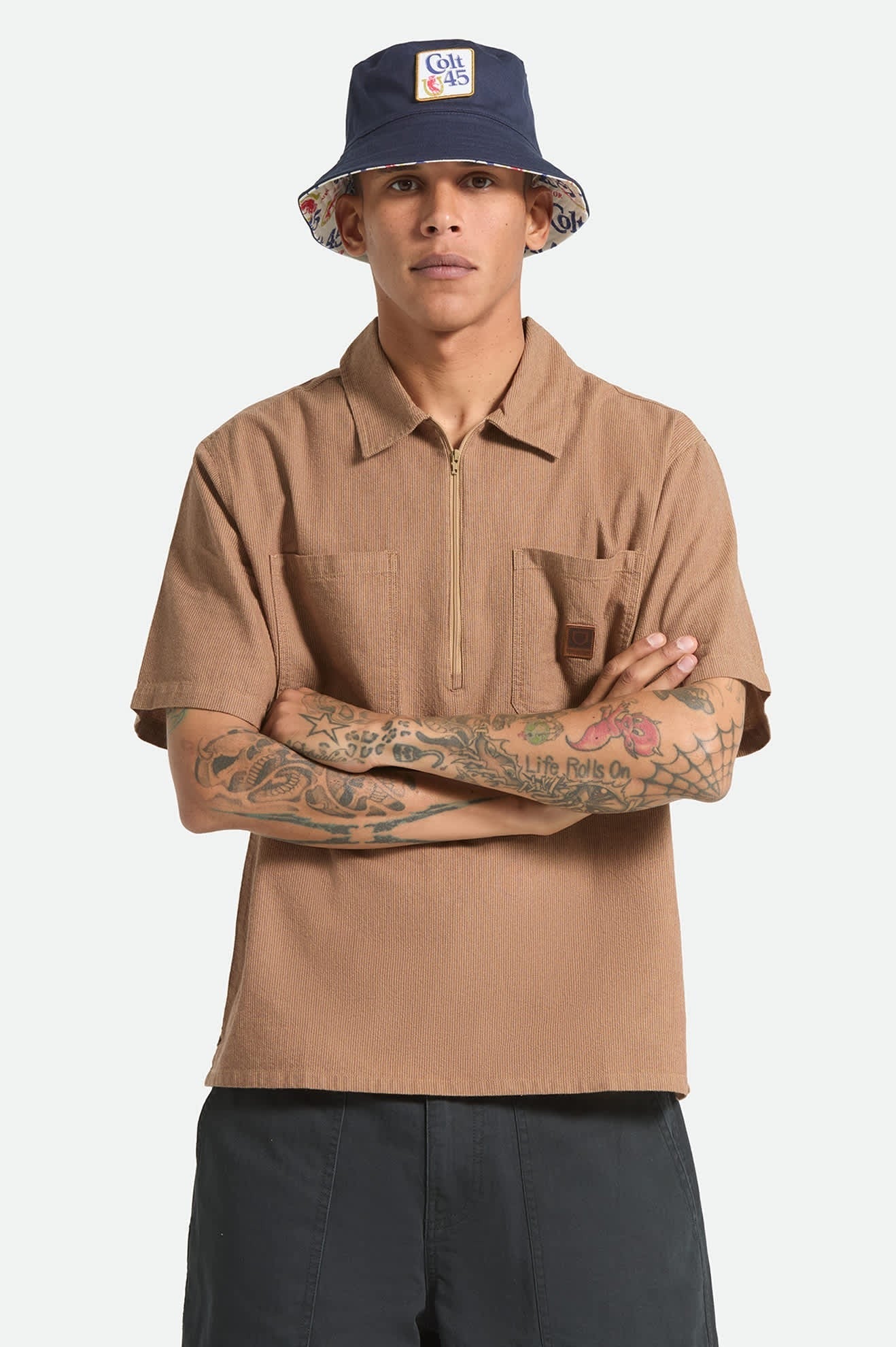 Brakeman Half Zip Short Sleeve Shirt - Brown/Tan Stripe
