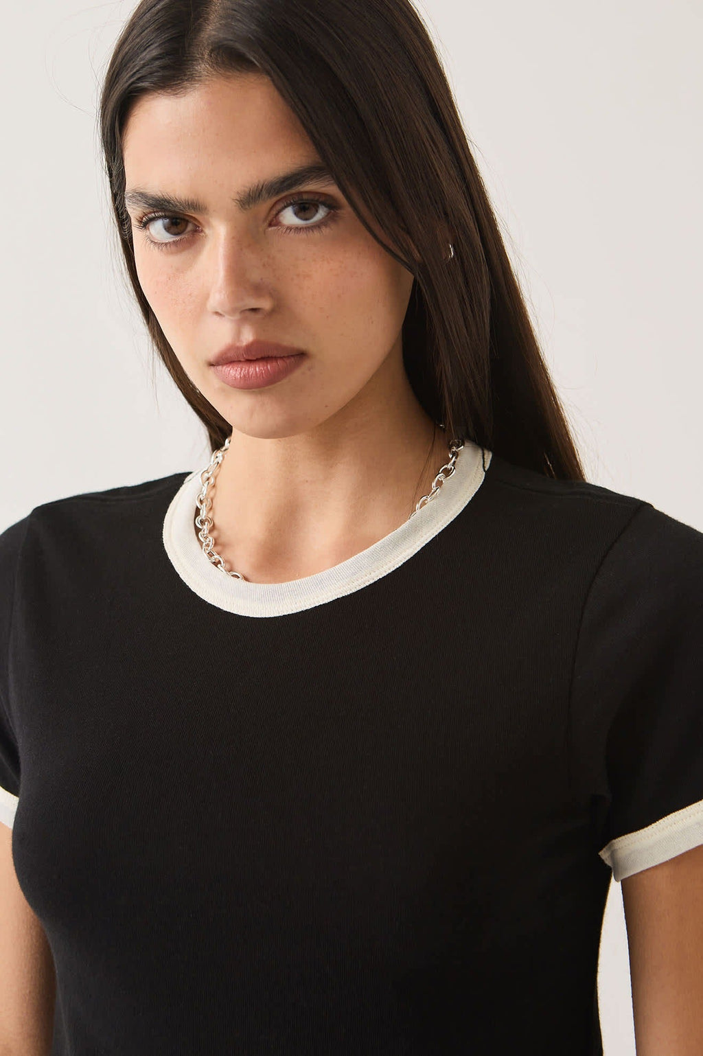 Carefree Organic Garment Dye Ringer T-Shirt - Black/Off White