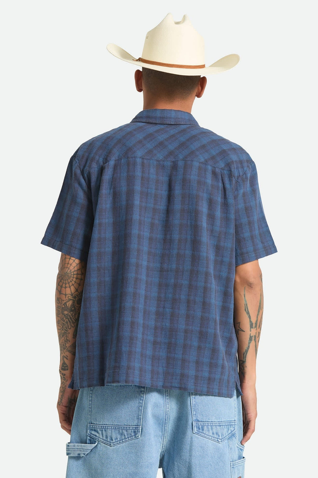 Cru Linen Blend Plaid Short Sleeve Shirt - Dark Blue/Black Plaid