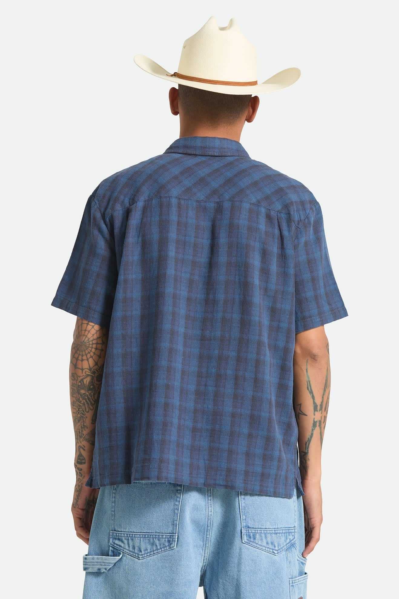 Cru Linen Blend Plaid Short Sleeve Shirt - Dark Blue/Black Plaid