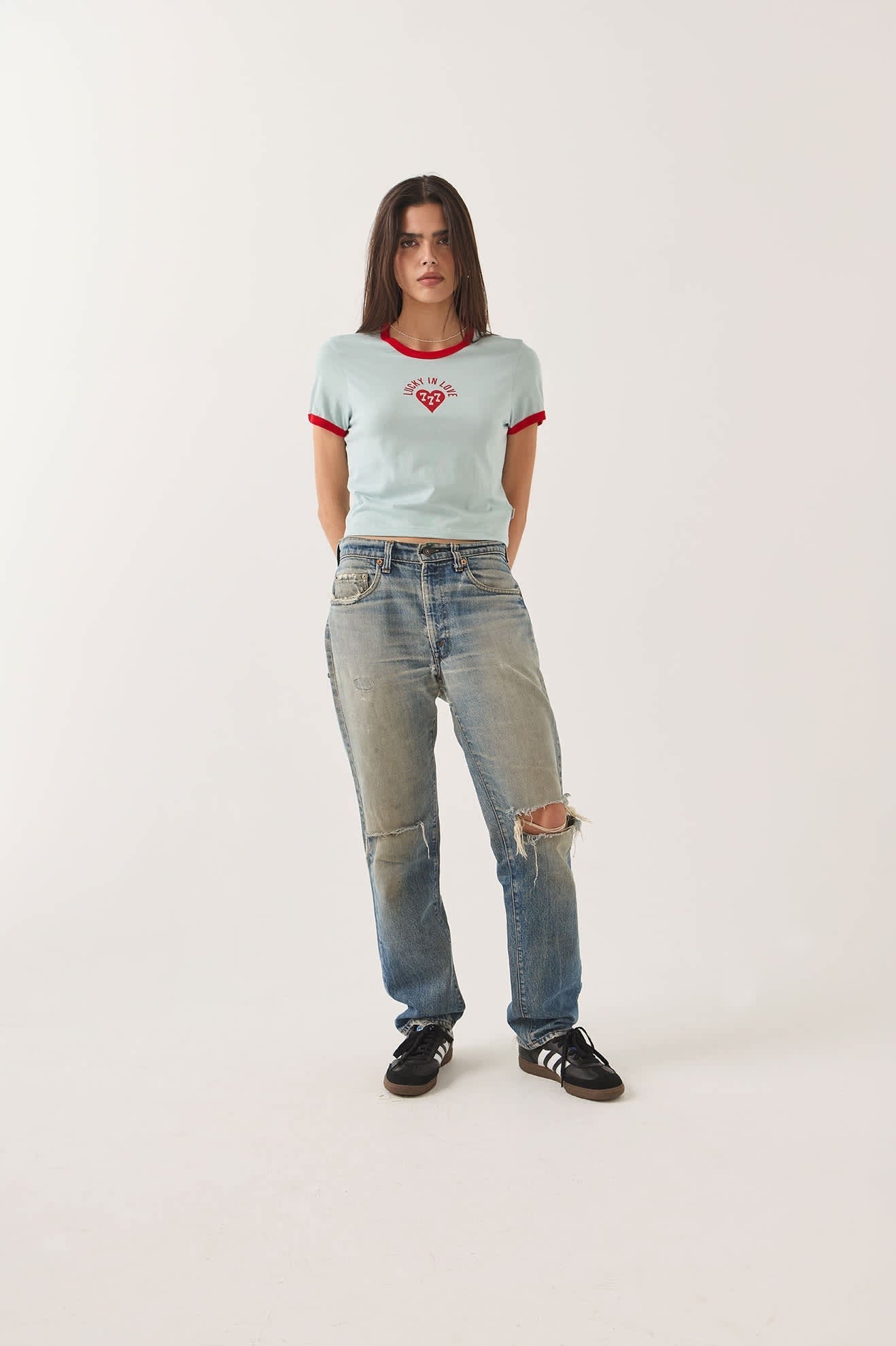 Lucky In Love Baby T-Shirt - Sea Grass/Adrenaline Red
