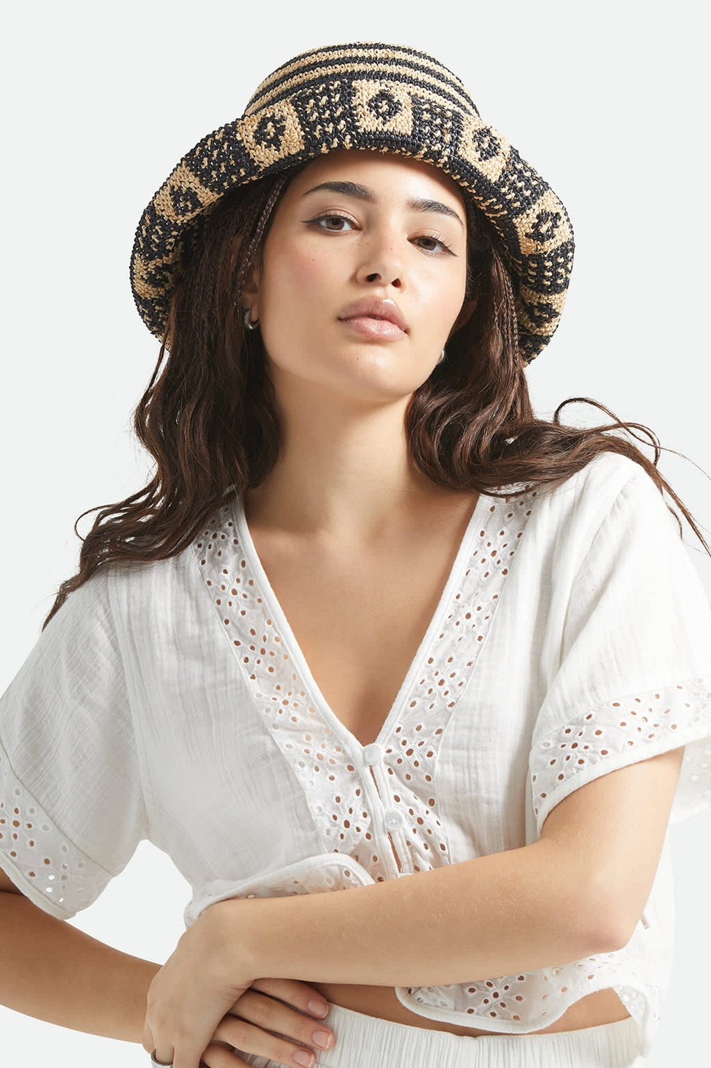 Redding Packable Straw Bucket Hat - Black/Natural