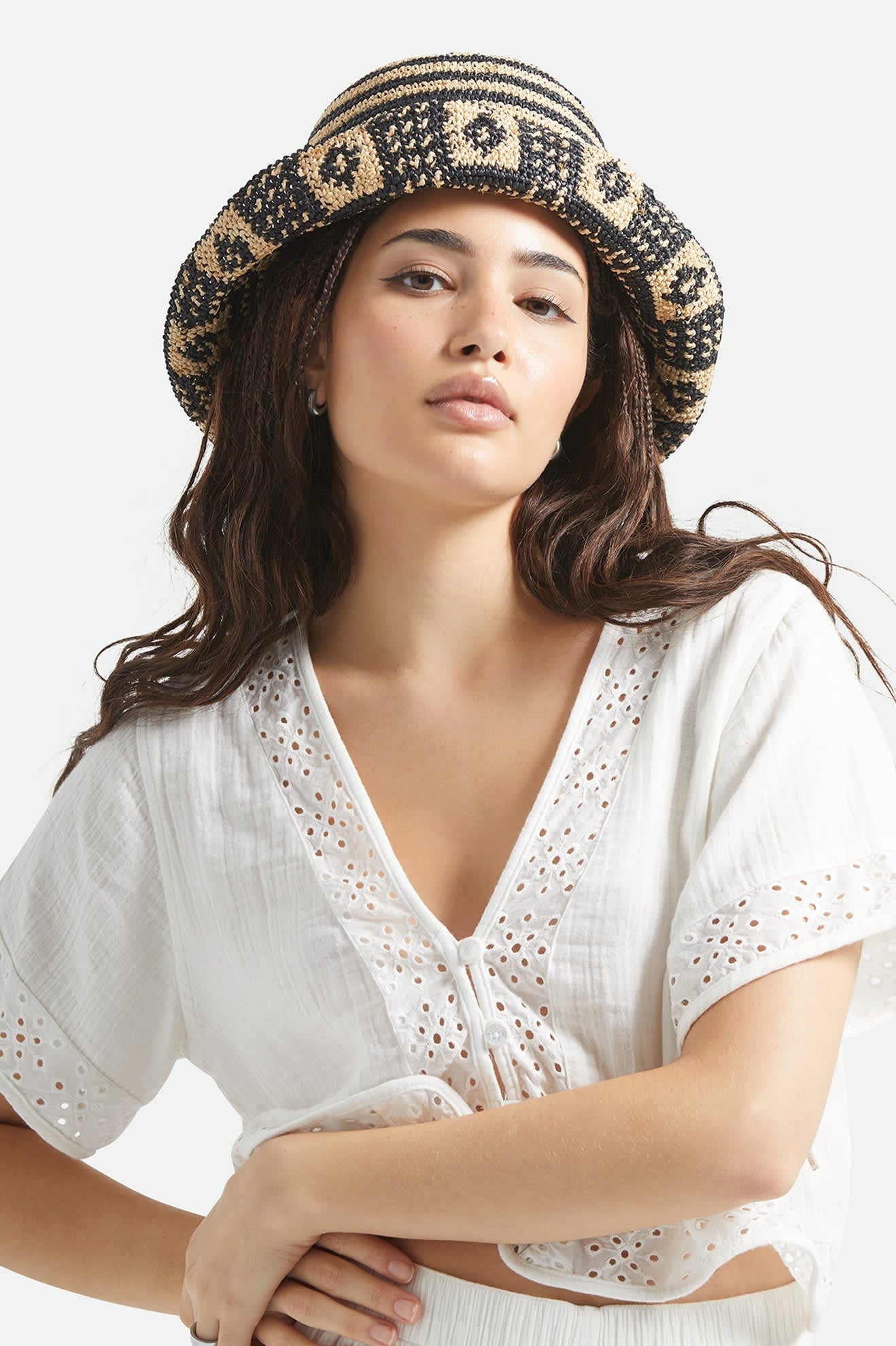 Redding Packable Straw Bucket Hat - Black/Natural
