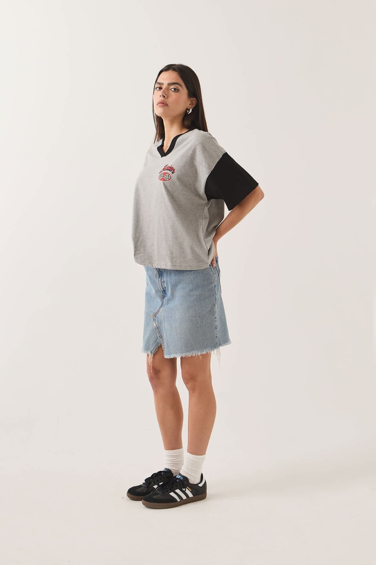 Winners Circle Boxy Football T-Shirt - Heather Grey/Black