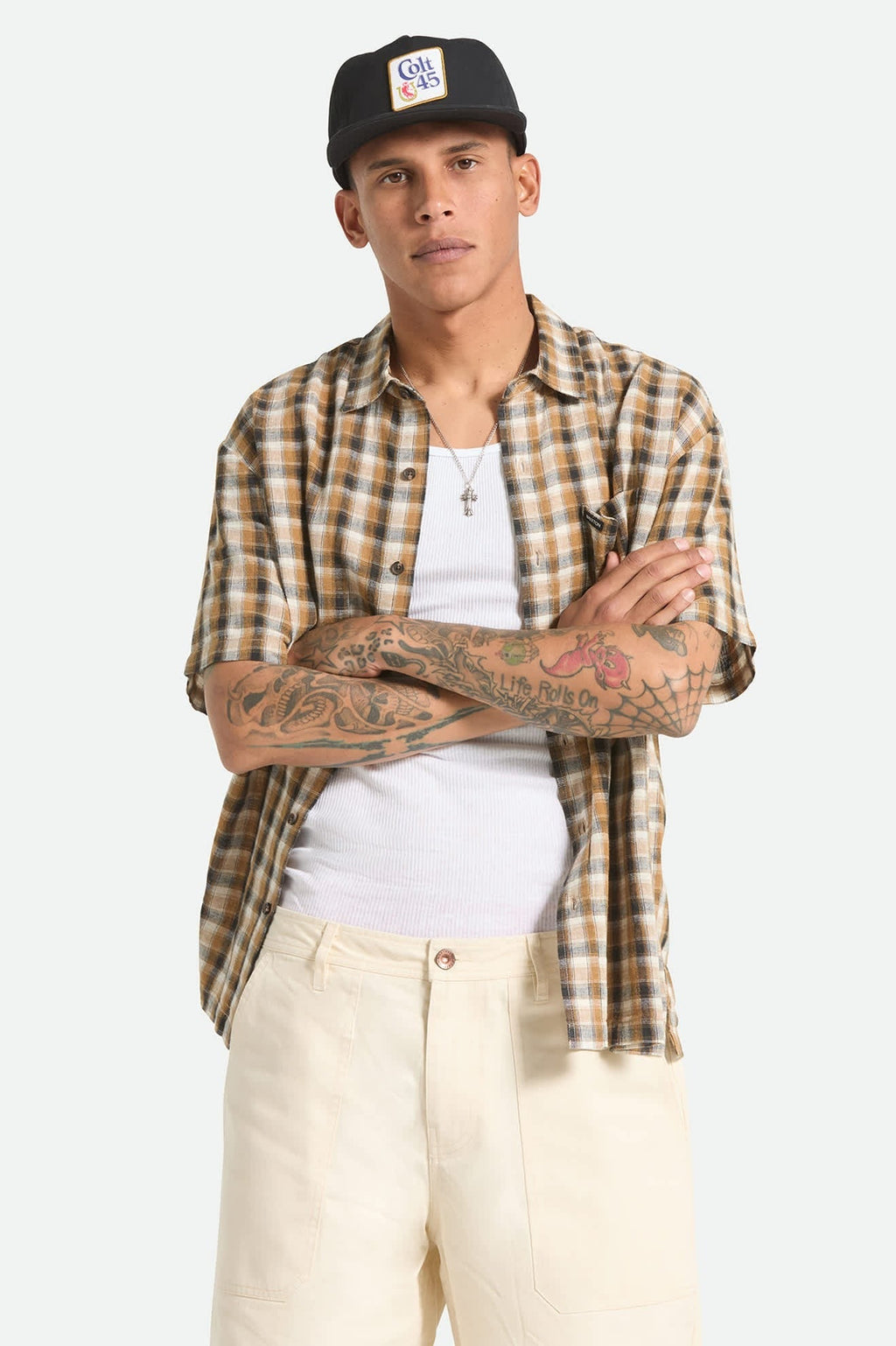 Cru Linen Blend Plaid Short Sleeve Shirt - Black/Tobacco Plaid