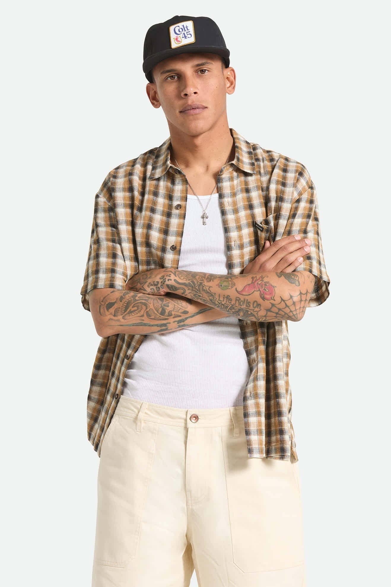 Cru Linen Blend Plaid Short Sleeve Shirt - Black/Tobacco Plaid