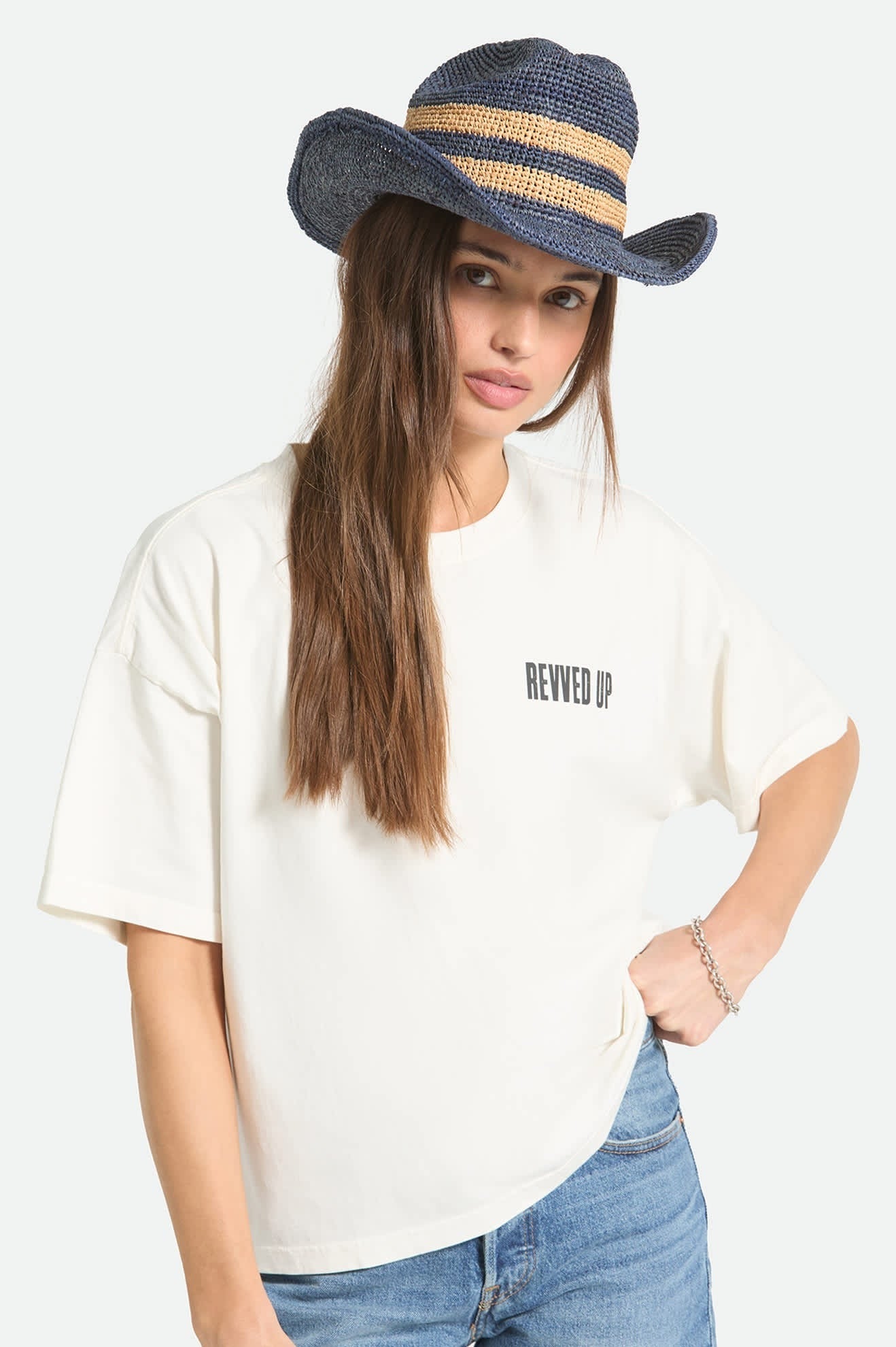 Odessa Straw Packable Cowboy Hat - Midnight Blue/Tan Stripe