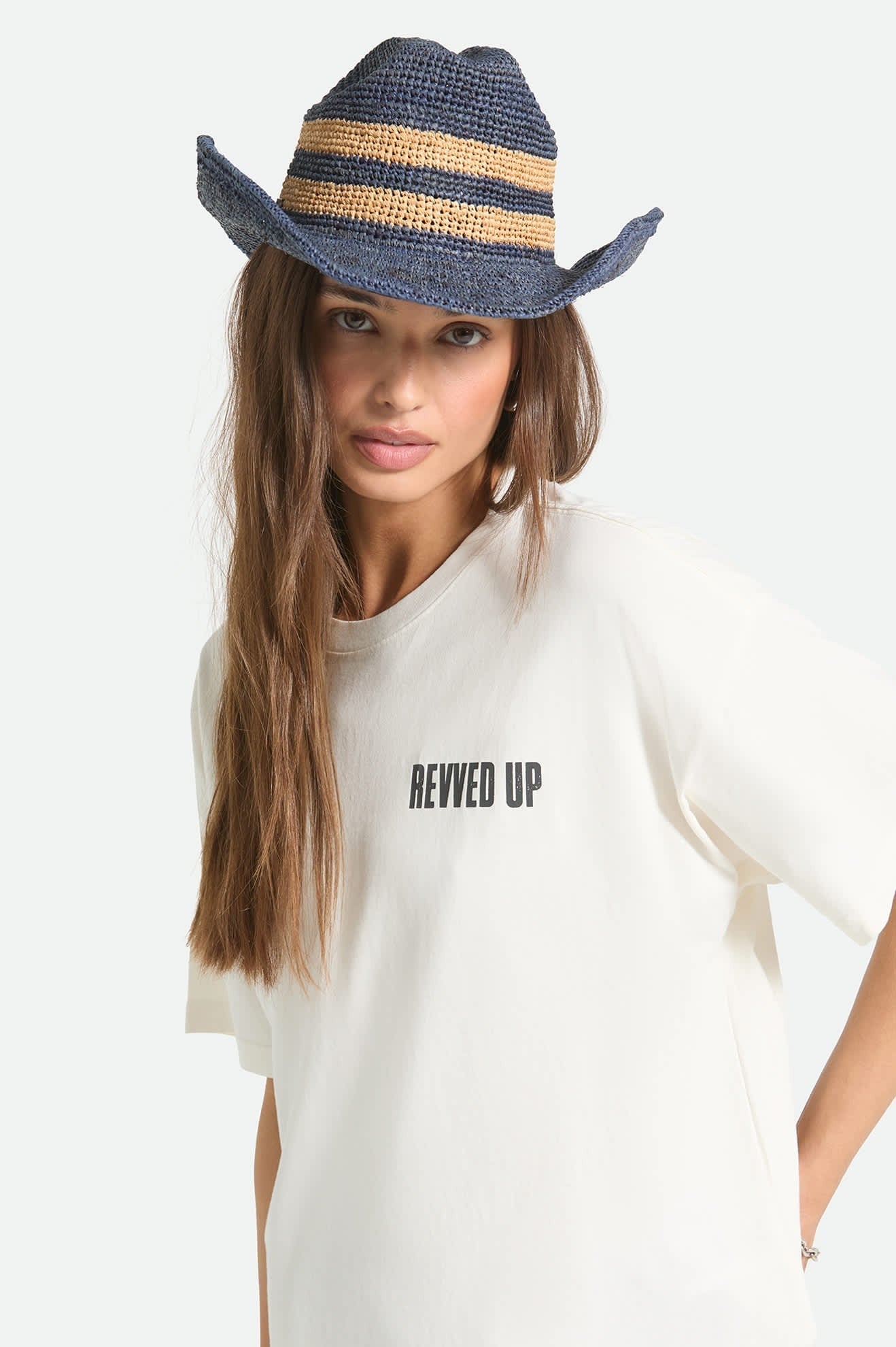 Odessa Straw Packable Cowboy Hat - Midnight Blue/Tan Stripe