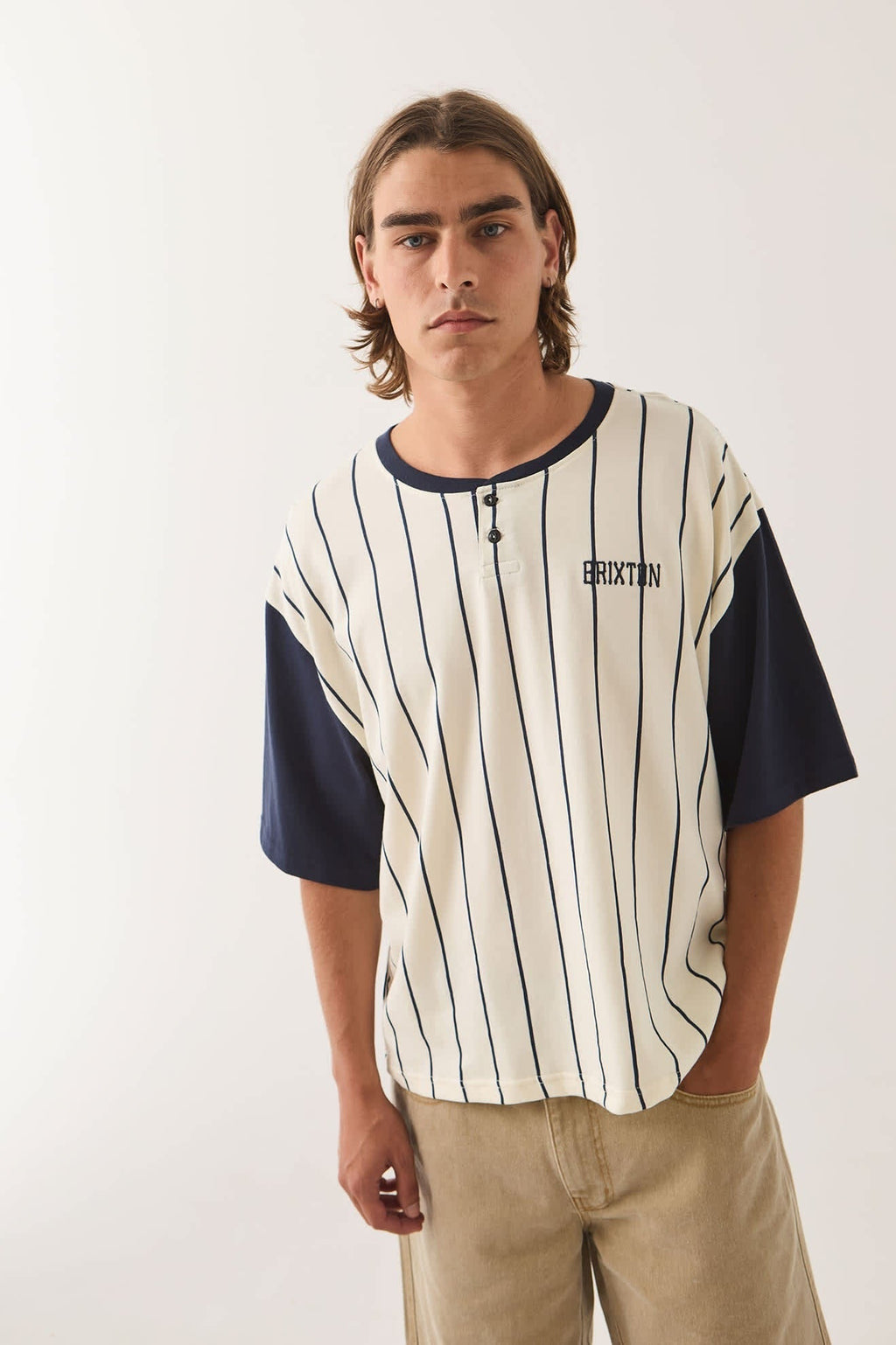 Boxy Baseball T-Shirt - Off White Stripe/Washed Navy