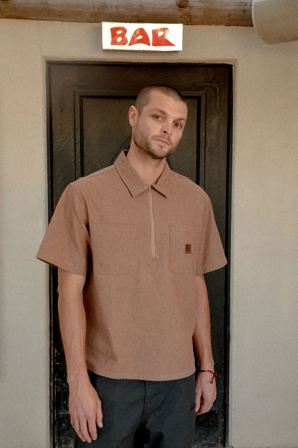 Brakeman Half Zip Short Sleeve Shirt - Brown/Tan Stripe