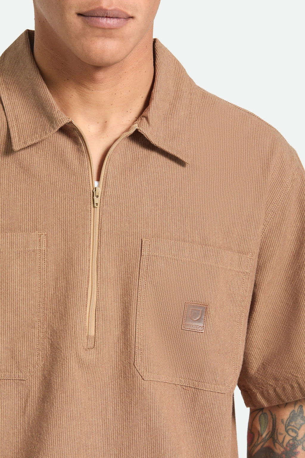 Brakeman Half Zip Short Sleeve Shirt - Brown/Tan Stripe