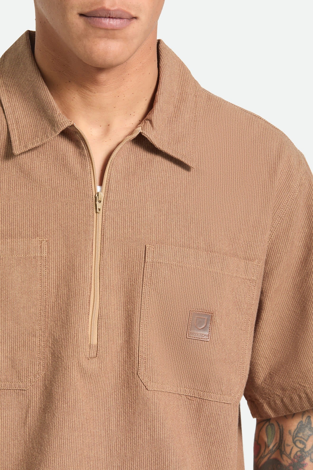 Brakeman Half Zip Short Sleeve Shirt - Brown/Tan Stripe