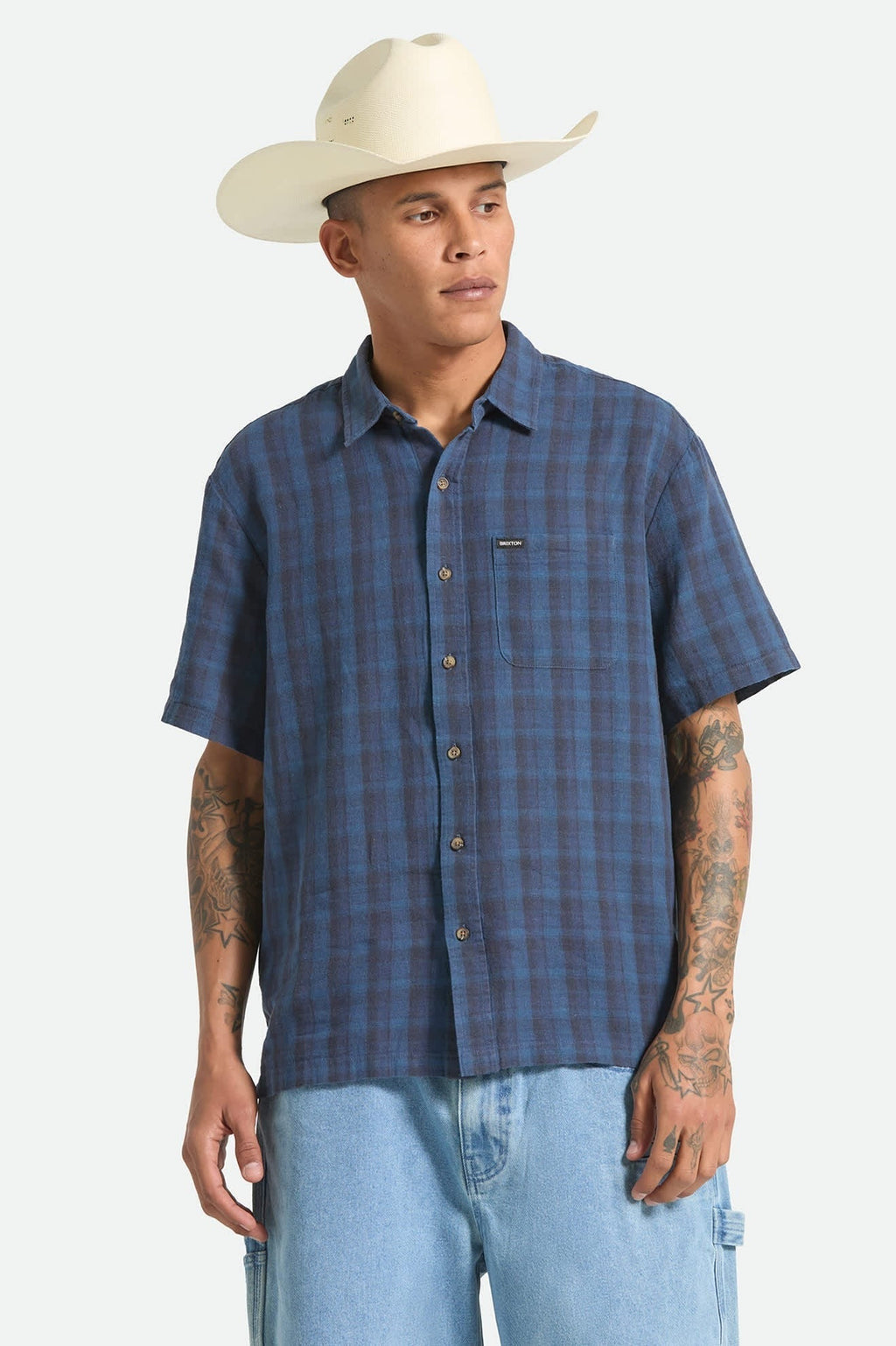 Cru Linen Blend Plaid Short Sleeve Shirt - Dark Blue/Black Plaid