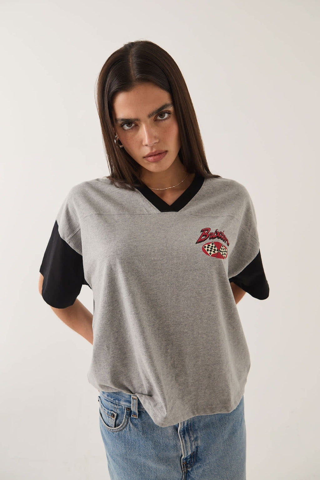 Winners Circle Boxy Football T-Shirt - Heather Grey/Black