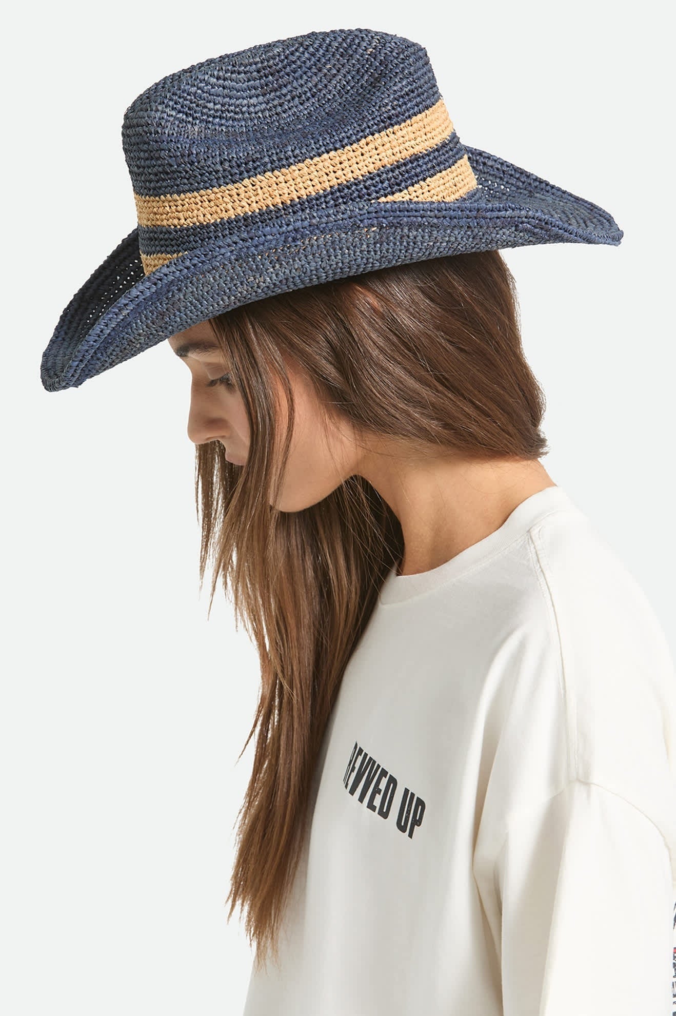 Odessa Straw Packable Cowboy Hat - Midnight Blue/Tan Stripe